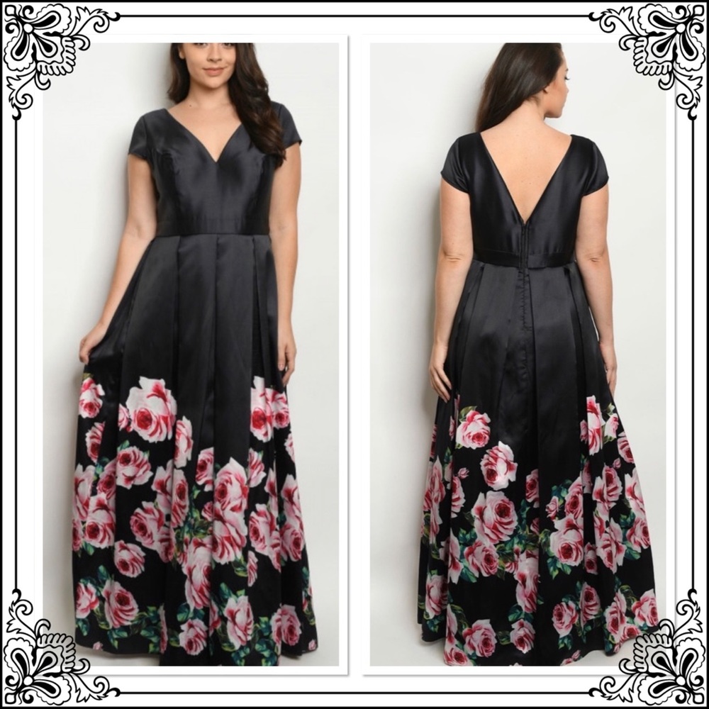 Black Floral V-Neck A-Line Maxi Dress
